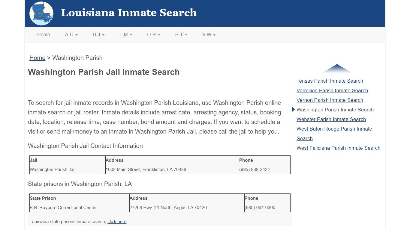 Washington Parish LA Jail Inmate Search