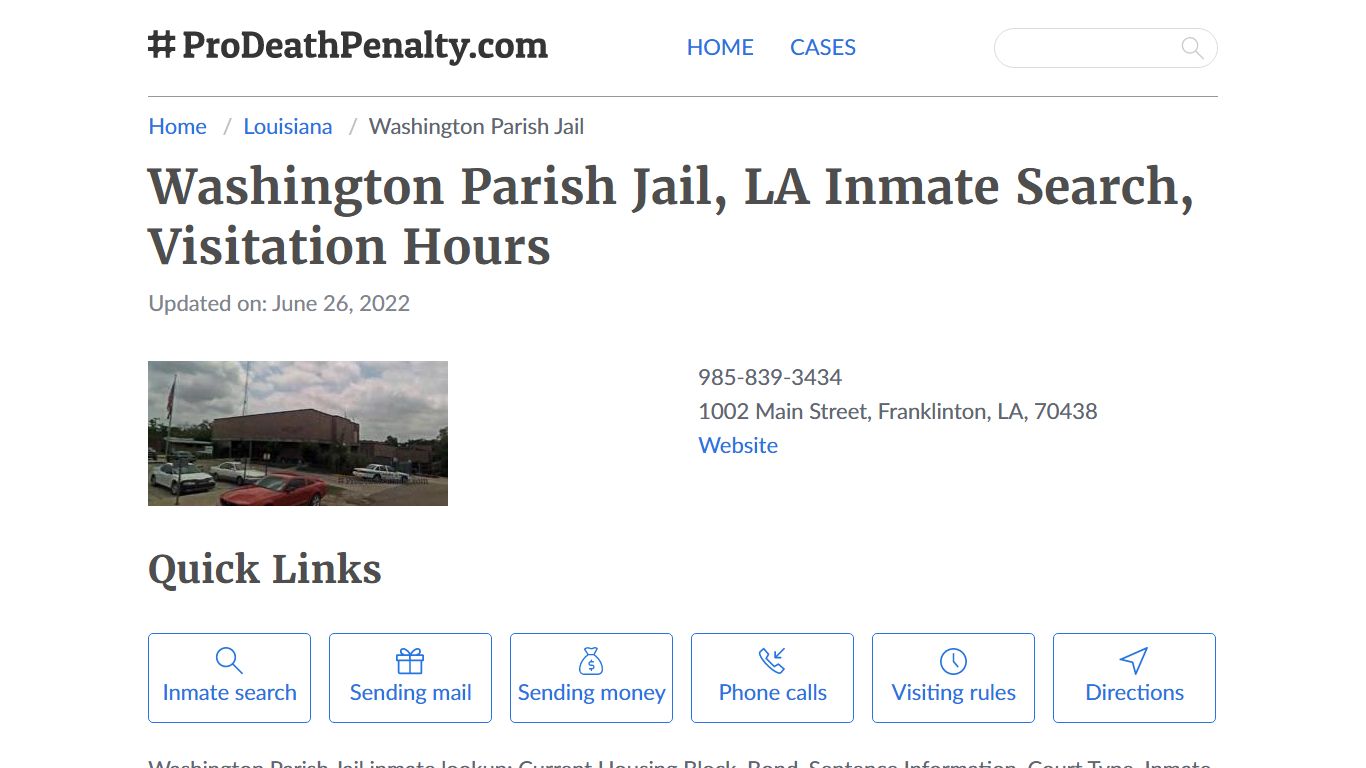 Washington Parish Jail, LA Inmate Search, Visitation Hours